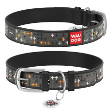 Ошейник WAUDOG Design с рисунком "Крестики", премиум кожа, метал. пряжка, черный XS1 19-25 см
