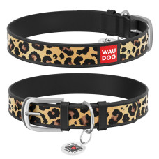 Ошейник WAUDOG Design с рисунком "Леопард", премиум кожа, метал. пряжка, черный XS1 19-25 см