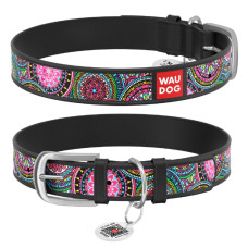 Ошейник WAUDOG Design с рисунком "Мандалы", премиум кожа, метал. пряжка, черный XS1 19-25 см