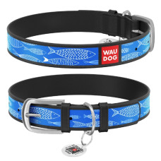 Нашийник WAUDOG Design з малюнком "Риба", преміум шкіра, метал. пряжка, чорний XS1 19-25 см