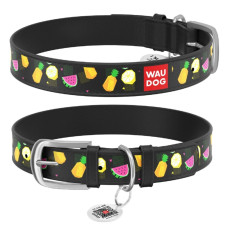Ошейник WAUDOG Design с рисунком "Фрукты", премиум кожа, метал. пряжка, черный XS1 19-25 см