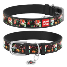 Ошейник WAUDOG Design с рисунком "Черепа", премиум кожа, метал. пряжка, черный XS1 19-25 см