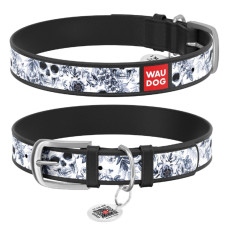 Нашийник WAUDOG Design з малюнком "Чорно-білі черепи", преміум шкіра, метал. пряжка, чорний XS1 19-25 см