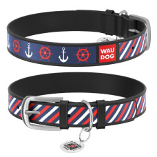 Ошейник WAUDOG Design с рисунком "Якоря 2", премиум кожа, метал. пряжка, черный XS1 19-25 см