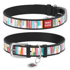 Ошейник WAUDOG Design с рисунком "Яркие полоски", премиум кожа, метал. пряжка, черный XS1 19-25 см