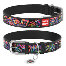 Ошейник WAUDOG Design с рисунком "Яркий тропик", премиум кожа, метал. пряжка, черный XS1 19-25 см