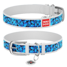Нашийник WAUDOG Design з малюнком "Блакитні метелики", преміум шкіра, метал. пряжка, білий XS1 19-25 см