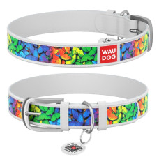 Нашийник WAUDOG Design з малюнком "Райдужні метелики", преміум шкіра, метал. пряжка, білий XS1 19-25 см