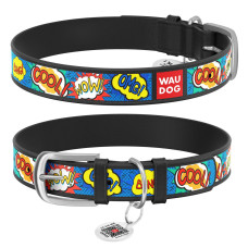 Ошейник WAUDOG Design с рисунком "ВАУ", премиум кожа, метал. пряжка, черный XS1 19-25 см
