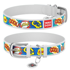 Нашийник WAUDOG Design з малюнком "ВАУ", преміум шкіра, метал. пряжка, білий XS1 19-25 см