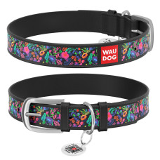 Ошейник WAUDOG Design с рисунком "Волшебные цветы", премиум кожа, метал. пряжка, черный XS1 19-25 см