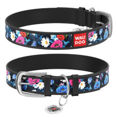 Ошейник WAUDOG Design с рисунком "Летний луг", премиум кожа, метал. пряжка, черный XS1 19-25 см