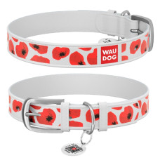 Нашийник WAUDOG Design з малюнком "Маки", преміум шкіра, метал. пряжка, білий XS1 19-25 см