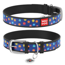 Нашийник WAUDOG Design з малюнком "Пікселі", преміум шкіра, метал. пряжка, чорний XS1 19-25 см
