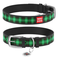 Нашийник WAUDOG Design з малюнком "Шотландка зелена", преміум шкіра, метал. пряжка, чорний XS1 19-25 см