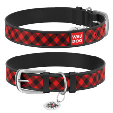 Ошейник WAUDOG Design с рисунком "Шотландка красная", премиум кожа, метал. пряжка, черный XS1 19-25 см