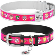 Нашийник WAUDOG Design з малюнком "Луні серця", преміум шкіра, металева пряжка, чорний/білий