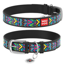 Ошейник WAUDOG Design с рисунком "Инди", премиум кожа, метал. пряжка, черный XS1 19-25 см