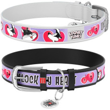 Нашийник WAUDOG Design з малюнком "Валентин Пепе", преміум шкіра, металева пряжка, чорний/білий