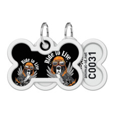 Адресник для собак и котов металлический WAUDOG Smart ID c QR паспортом, рисунок "Ездить, чтобы жить", кость, Д 40 мм, 28 мм