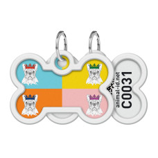 Адресник для собак і котів металевий WAUDOG Smart ID з QR паспортом, малюнок "Французький бульдог", кістка, Д 40 мм, 28 мм