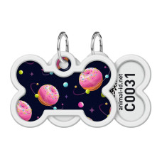 Адресник для собак и котов металлический WAUDOG Smart ID c QR паспортом, рисунок "Вселенная пончиков", кость, Д 40 мм, 28 мм