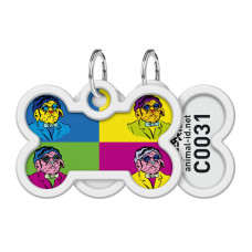 Адресник для собак и котов металлический WAUDOG Smart ID c QR паспортом, рисунок "Бульдоги", кость, Д 40 мм, 28 мм