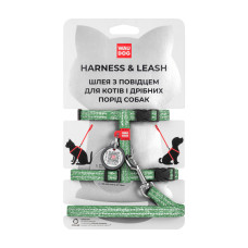 Шлея с поводком для кошек WAUDOG RE-COTTON с QR паспортом, из восстановленного хлопка, светоотражающий, пластиковый фастекс, зеленый, XS, ш 10 мм, д 122 см, в 25-40 см, с 20-30 см