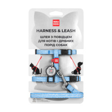 Шлея с поводком для кошек WAUDOG RE-COTTON с QR паспортом, из восстановленного хлопка, светоотражающий, пластиковый фастекс, голубой, XS, ш 10 мм, д 122 см, в 25-40 см, с 20-30 см