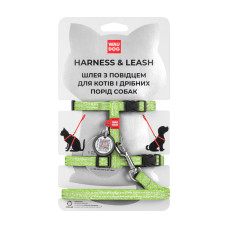 Шлея с поводком для кошек WAUDOG RE-COTTON с QR паспортом, из восстановленного хлопка, светоотражающий, пластиковый фастекс, салатовый, XS, ш 10 мм, д 122 см, в 25-40 см, с 20-30 см