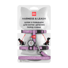 Шлея с поводком для кошек WAUDOG RE-COTTON с QR паспортом, из восстановленного хлопка, светоотражающий, пластиковый фастекс, фіолетовый, XS, ш 10 мм, д 122 см, в 25-40 см, с 20-30 см