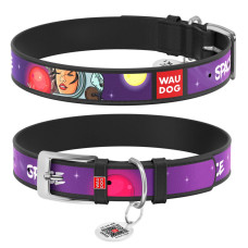 Шкіряний нашийник для собак WAUDOG Design з малюнком "Більше космосу", метал. пряжка, Чорний XS2 21-29 см