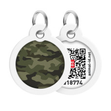 Адресник для собак и котов металлический WAUDOG Smart ID c QR паспортом, рисунок "Камо зелёный", круг, Д 30 мм