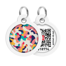 Адресник для собак и котов металлический WAUDOG Smart ID c QR паспортом, рисунок "Камо разноцветный", круг, Д 30 мм