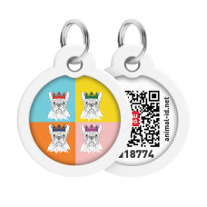 Адресник для собак и котов металлический WAUDOG Smart ID c QR паспортом, рисунок "Французский бульдог", круг, Д 30 мм