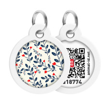 Адресник для собак и котов металлический WAUDOG Smart ID c QR паспортом, рисунок "Растения", круг, Д 30 мм