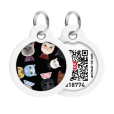 Адресник для собак та котів металевий WAUDOG Smart ID c QR паспортом, малюнок "Коти", коло, Д 30 мм