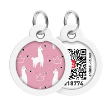 Адресник для собак и котов металлический WAUDOG Smart ID c QR паспортом, рисунок "Ламы", круг, Д 30 мм