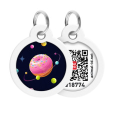 Адресник для собак и котов металлический WAUDOG Smart ID c QR паспортом, рисунок "Вселенная пончиков", круг, Д 30 мм