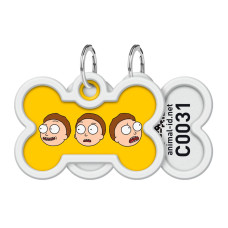 Адресник для собак и котов металлический WAUDOG Smart ID c QR паспортом, рисунок "Рик и Морти 2", кость, Д 40 мм, 28 мм