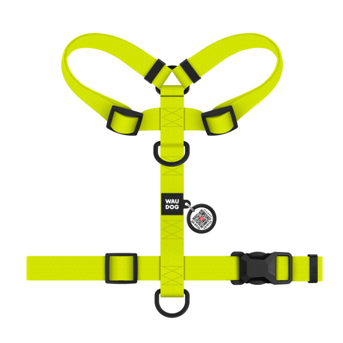 Шлея для собак водостойкая анатомическая Н-образная WAUDOG Magnet с QR-паспортом, магнитная пряжка-фастекс, L, Ш 25 мм, А 50-85 см, В 61-100 см, лимонный