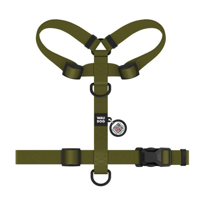 Шлея для собак водостійка анатомічна Н-подібна WAUDOG Magnet з QR-паспортом, магнітна пряжка-фастекс, М, Ш 20 мм, А 40-66 см, В 48-80 см, хакі