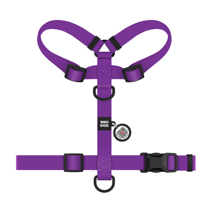 Шлея для собак водостойкая анатомическая Н-образная WAUDOG Magnet с QR-паспортом, магнитная пряжка-фастекс, М, Ш 20 мм, А 40-66 см, В 48-80 см, фиолетовый