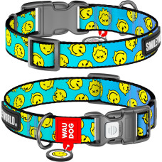 Ошейник для собак нейлоновый WAUDOG Nylon с QR-паспортом, рисунок "Смайлики на голубом", пластиковый фастекс, S, Ш 15 мм, Дл 25-35 см