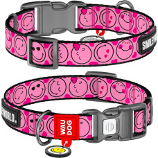 Ошейник для собак нейлоновый WAUDOG Nylon с QR-паспортом, рисунок "Смайлики на розовом", пластиковый фастекс, S, Ш 15 мм, Дл 25-35 см