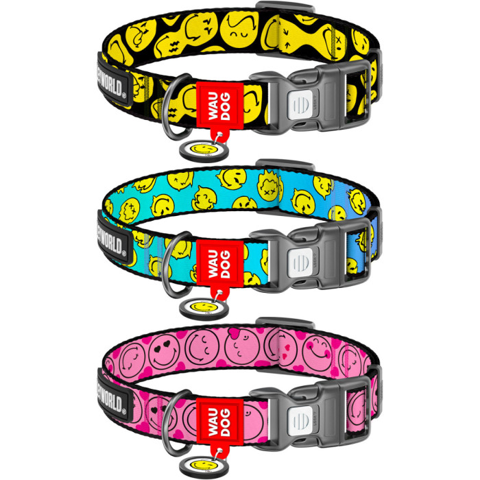 Ошейник для собак нейлоновый WAUDOG Nylon с QR-паспортом, рисунок "Смайлики на розовом", пластиковый фастекс, L, Ш 25 мм, Длин 33-49 см