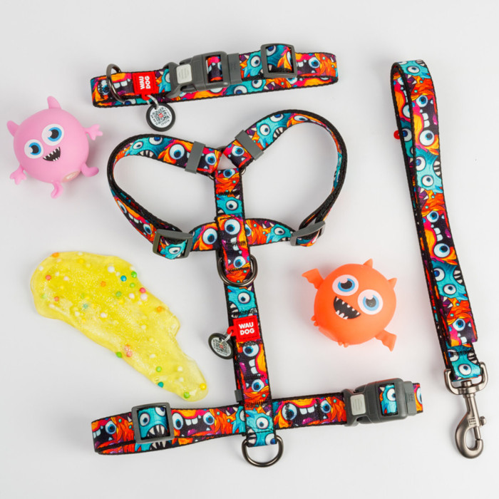 Ошейник для собак нейлоновый WAUDOG Nylon с QR паспортом, рисунок "Зубастые монстры", пластиковый фастекс XXL 46-70 см