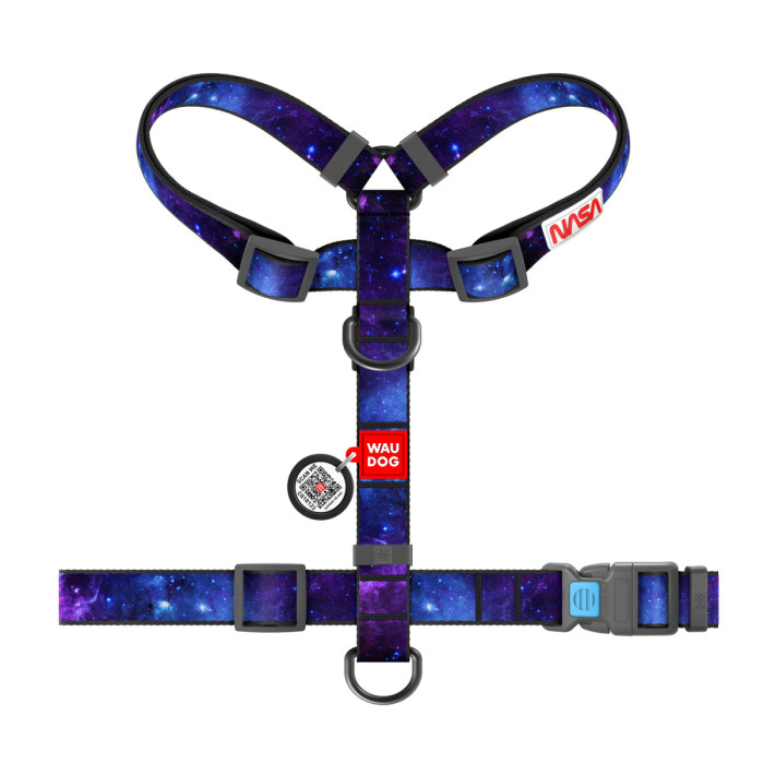Шлея для собак анатомическая H-образная WAUDOG Nylon с QR-паспортом, рисунок "NASA21", пластиковый фастекс, XL, Ш 35 мм, А 55-95 см, В 70-110 см