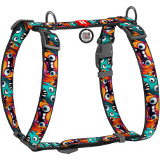 Шлея для собак анатомическая H-образная WAUDOG Nylon с QR-паспортом, рисунок "Зубастые монстры", пластиковый фастекс, М, Ш 20 мм, А 40-70, В 50-80.