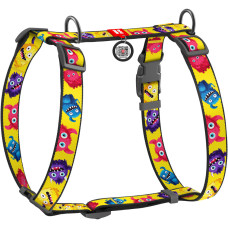 Шлея для собак анатомическая H-образная WAUDOG Nylon с QR-паспортом, рисунок "Мохнатые монстры", пластиковый фастекс, S, Ш 15 мм, A 30-40, B 30-50